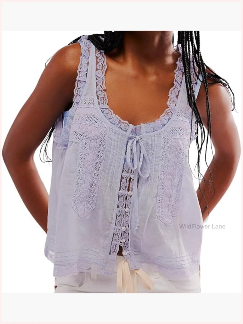 Boho Lace Trim Crop Tank Top Sleeveless Tie Front Flowy Cami Blouse